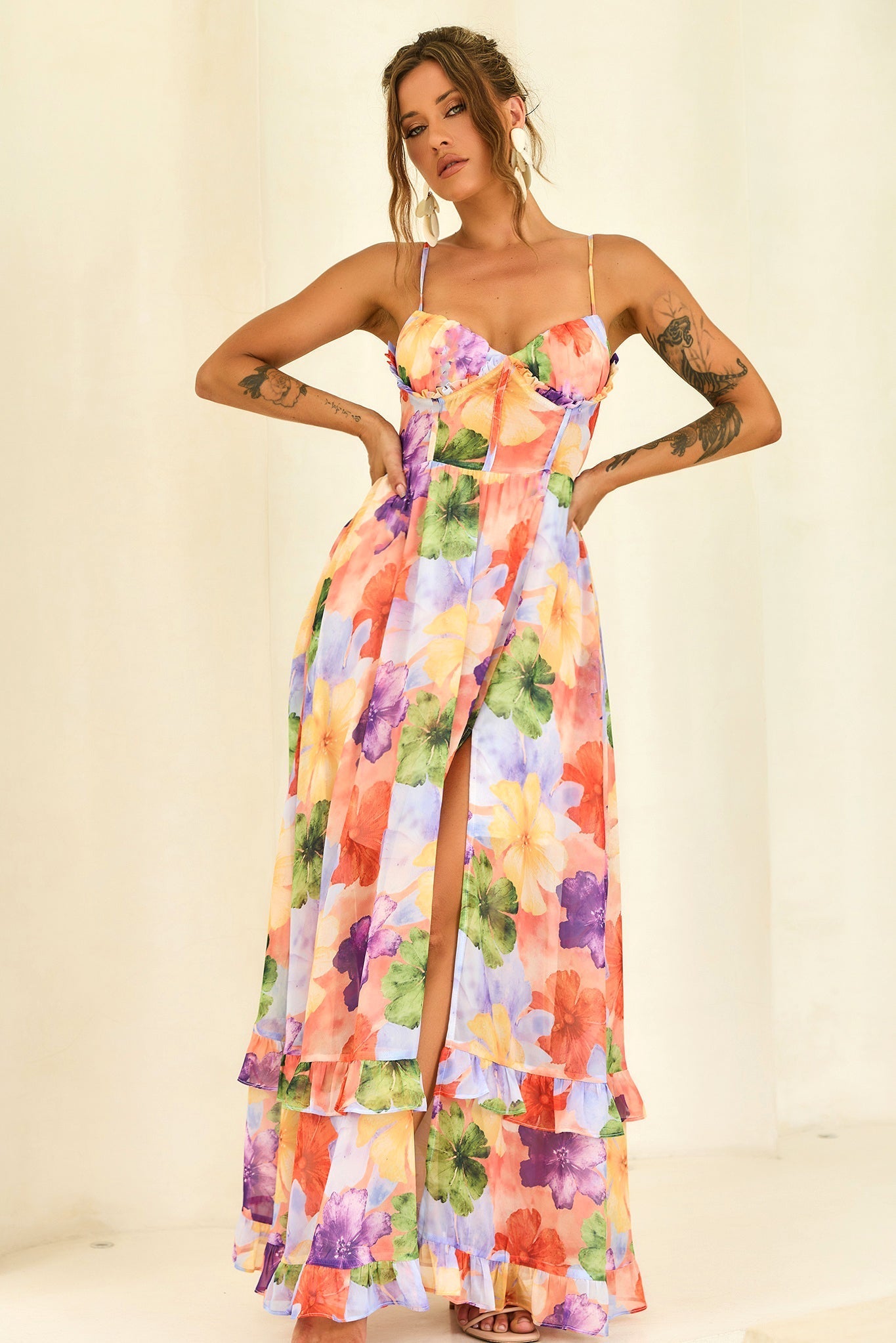 Azure Bloom Chiffon Maxi Dress - Orange Multi