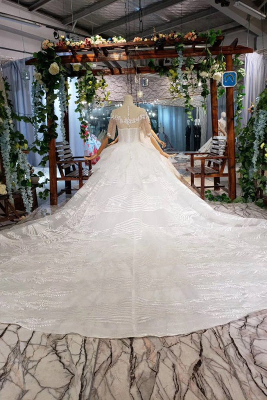 Ball Gown Half Sleeves Lace with Sequins Sheer Neck Long Wedding Dress