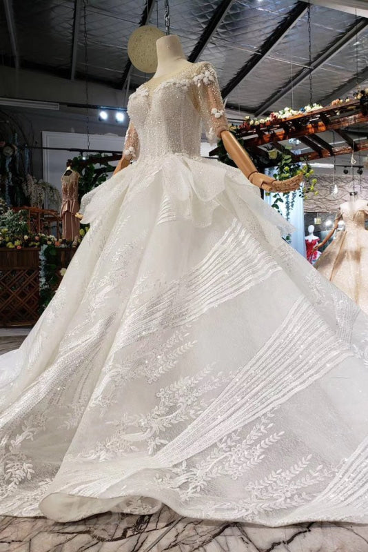Ball Gown Half Sleeves Lace with Sequins Sheer Neck Long Wedding Dress