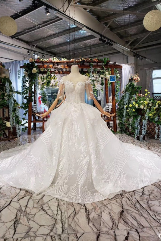 Ball Gown Half Sleeves Lace with Sequins Sheer Neck Long Wedding Dress