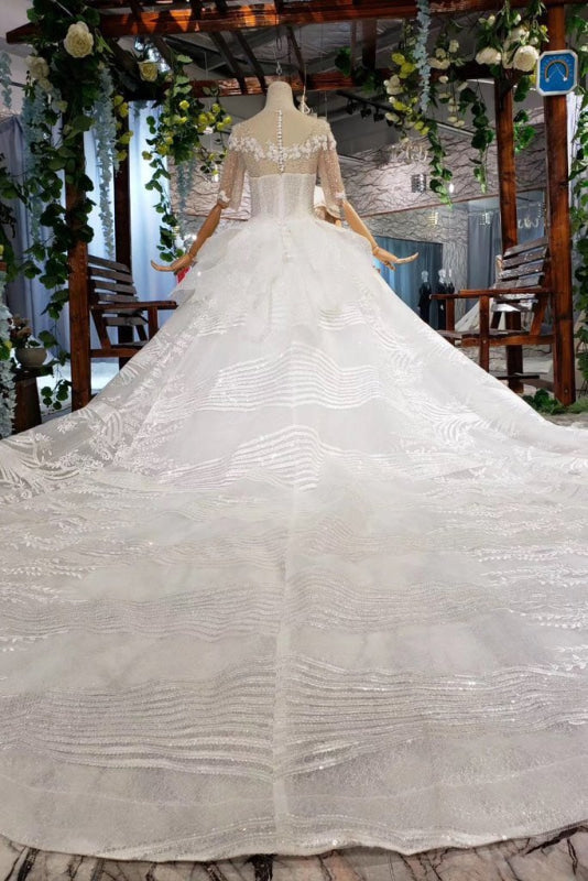 Ball Gown Half Sleeves Lace with Sequins Sheer Neck Long Wedding Dress