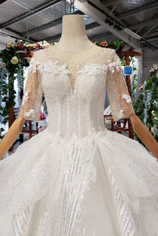 Ball Gown Half Sleeves Lace with Sequins Sheer Neck Long Wedding Dress