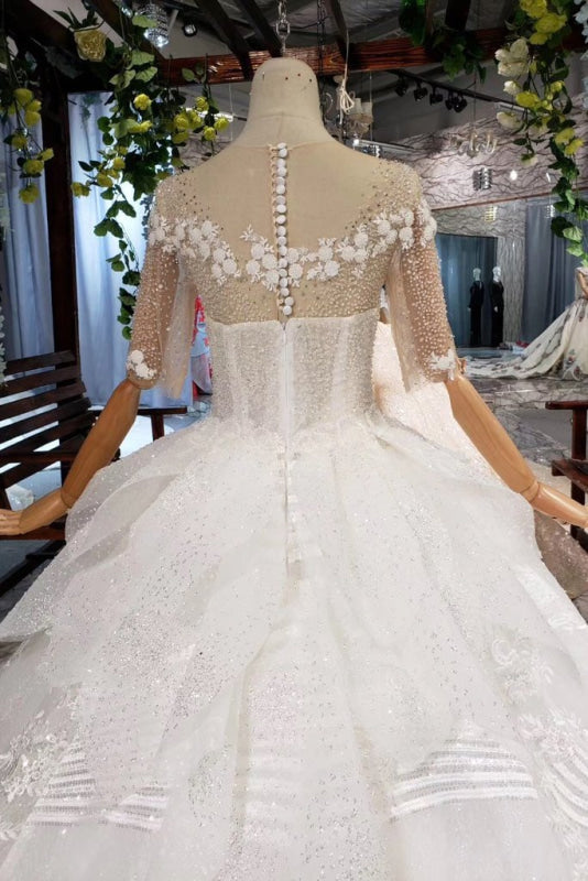 Ball Gown Half Sleeves Lace with Sequins Sheer Neck Long Wedding Dress