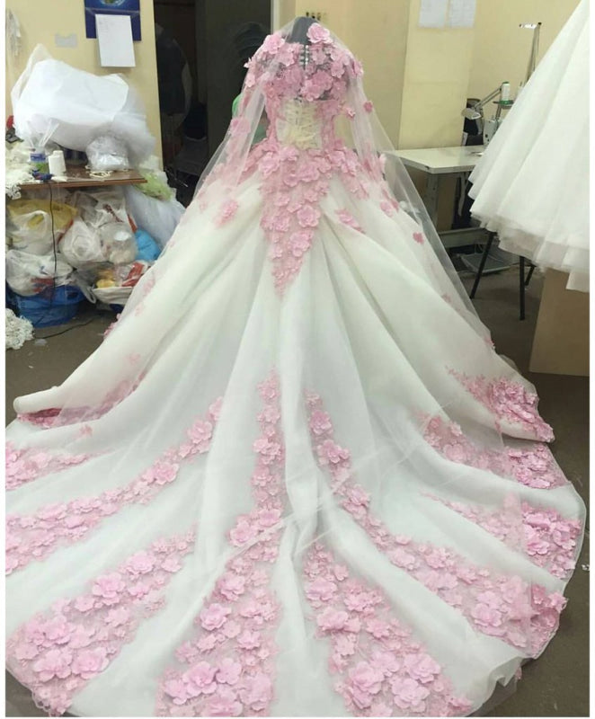 Ball Gown Long Sleeve Tulle Prom with Pink Flowers Ivory Wedding Dress