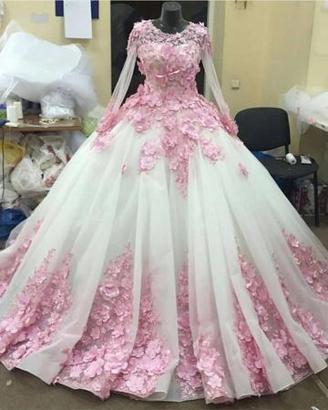 Ball Gown Long Sleeve Tulle Prom with Pink Flowers Ivory Wedding Dress