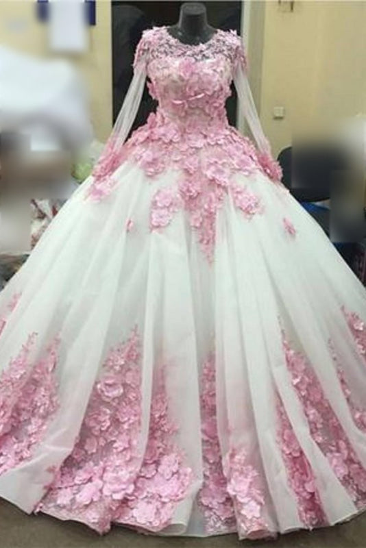 Ball Gown Long Sleeve Tulle Prom with Pink Flowers Ivory Wedding Dress