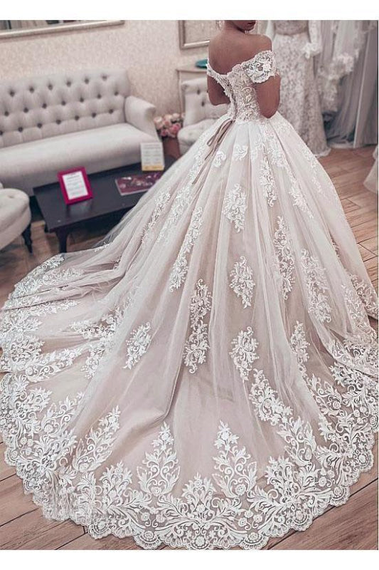 Ball Gown Off the Shoulder with Lace Appliques Gorgeous Wedding Dress