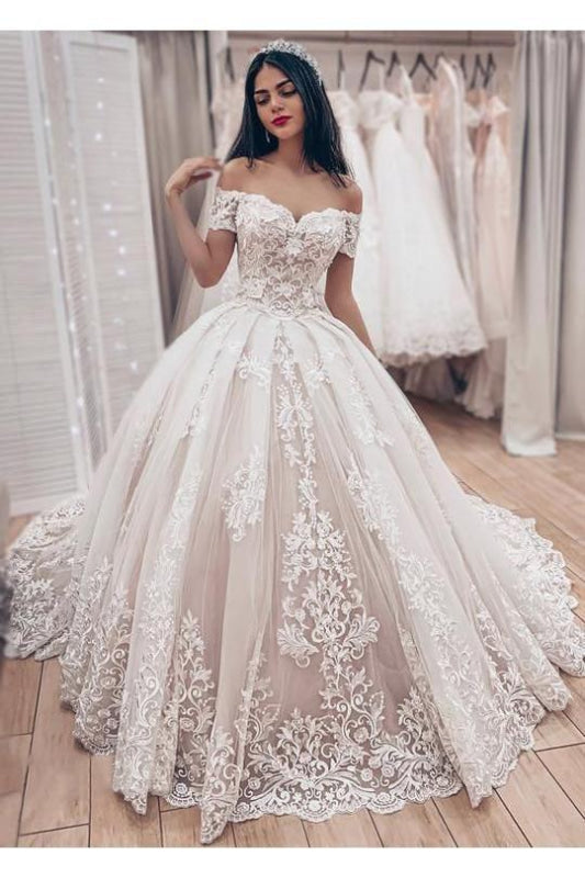 Ball Gown Off the Shoulder with Lace Appliques Gorgeous Wedding Dress
