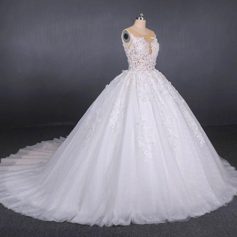 Ball Gown Sheer Neck Sleeveless White Lace Appliqued Wedding Dress