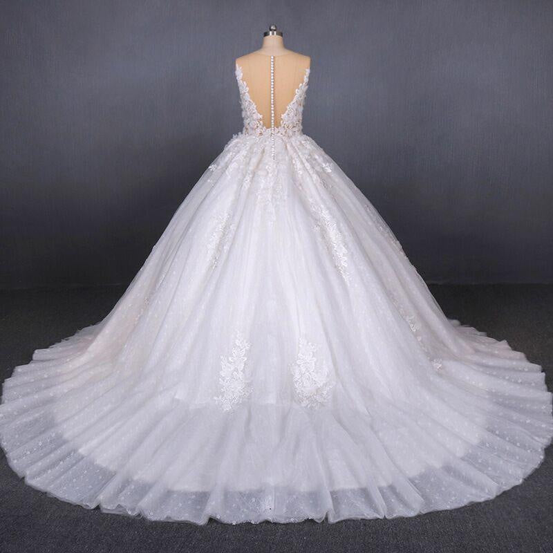 Ball Gown Sheer Neck Sleeveless White Lace Appliqued Wedding Dress