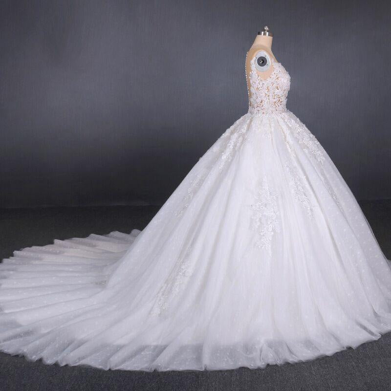 Ball Gown Sheer Neck Sleeveless White Lace Appliqued Wedding Dress