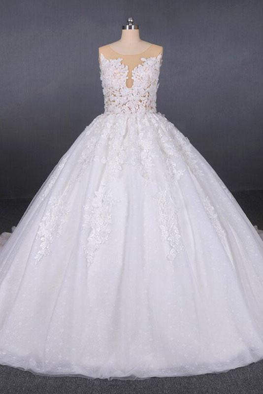 Ball Gown Sheer Neck Sleeveless White Lace Appliqued Wedding Dress