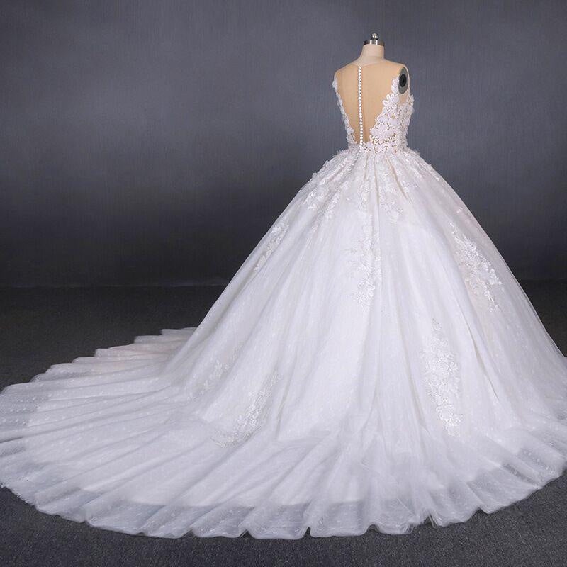 Ball Gown Sheer Neck Sleeveless White Lace Appliqued Wedding Dress