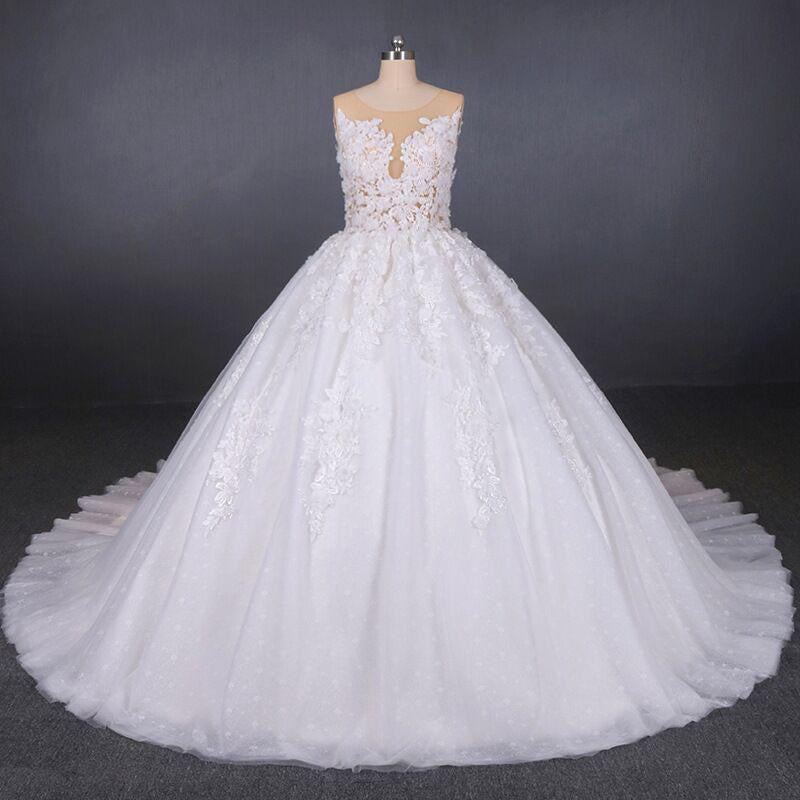 Ball Gown Sheer Neck Sleeveless White Lace Appliqued Wedding Dress