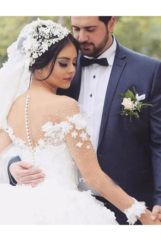 Ball Gown Sheer Neck with Flowers Long Sleeves Puffy Wedding Dress