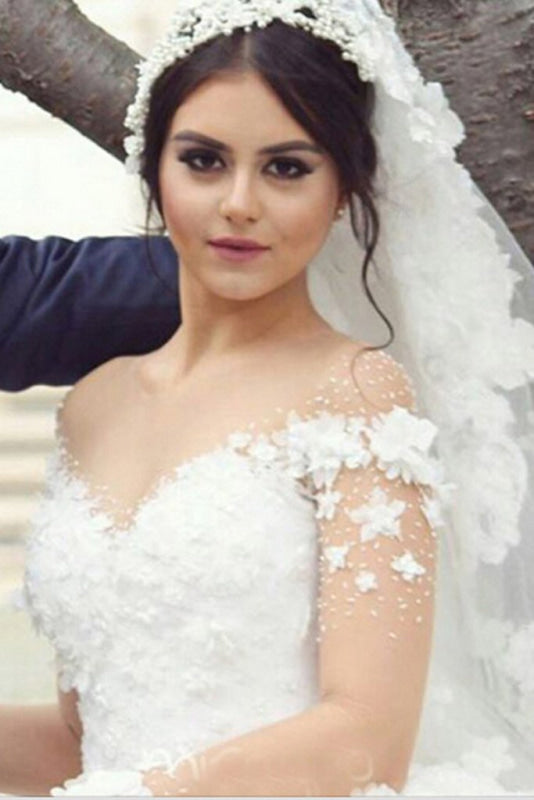 Ball Gown Sheer Neck with Flowers Long Sleeves Puffy Wedding Dress
