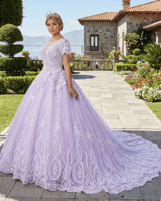 Quinceanera Dress Ball Gown Short Sleeves Beaded Prom Dresses With Appliques
