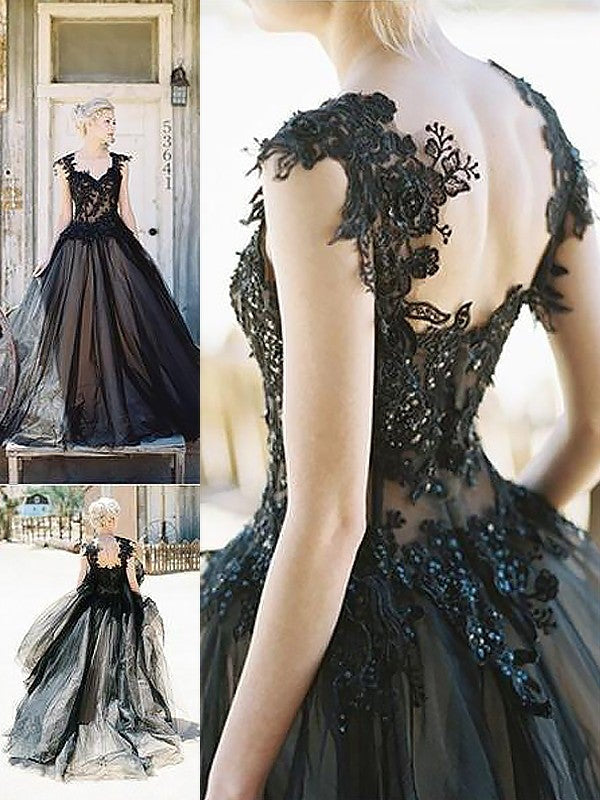 Ball Gown Sleeveless Sweetheart Lace Tulle Black Wedding Dresses