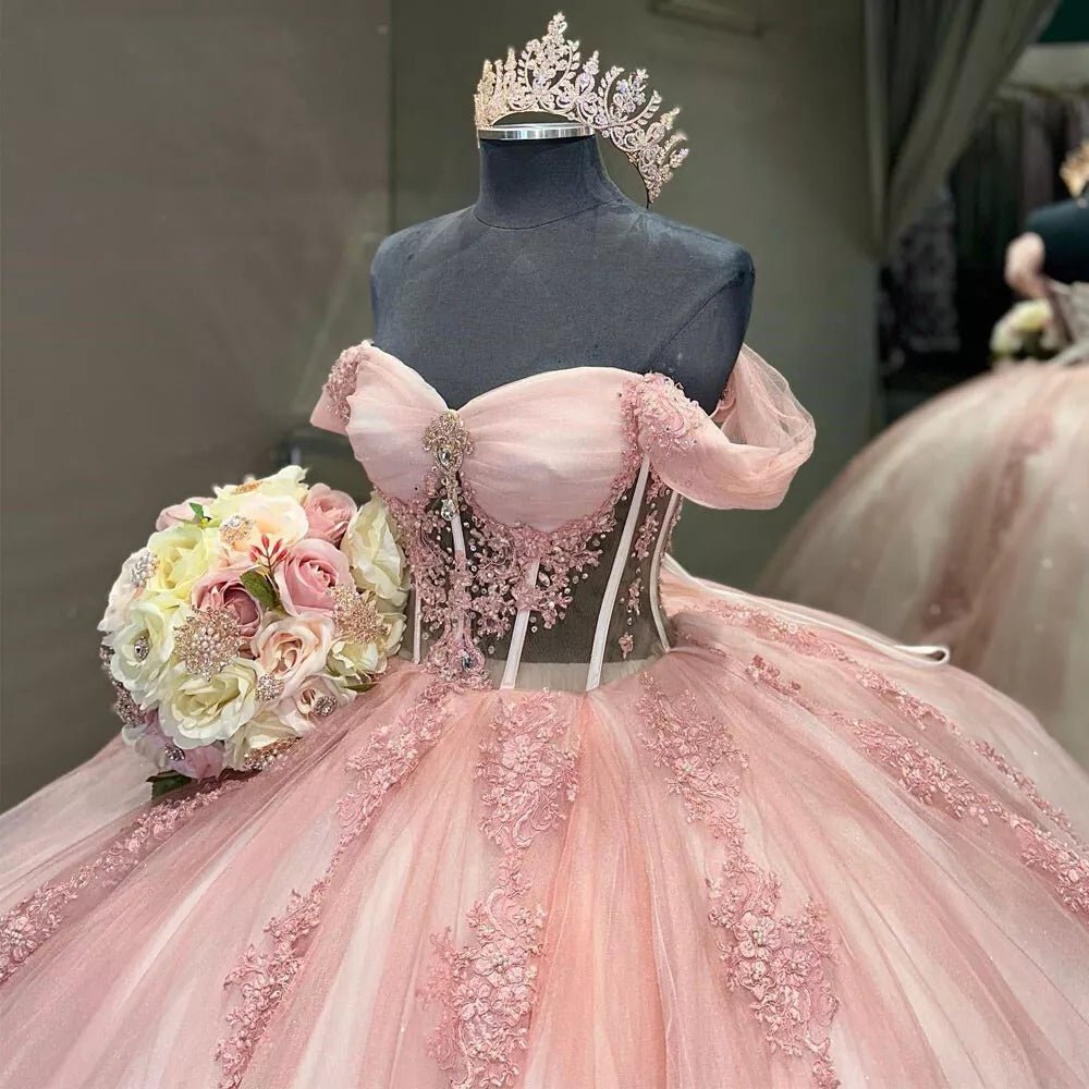 Ball-Gown Tulle Light Pink Off-the-Shoulder Quinceanera Dress with Appliques
