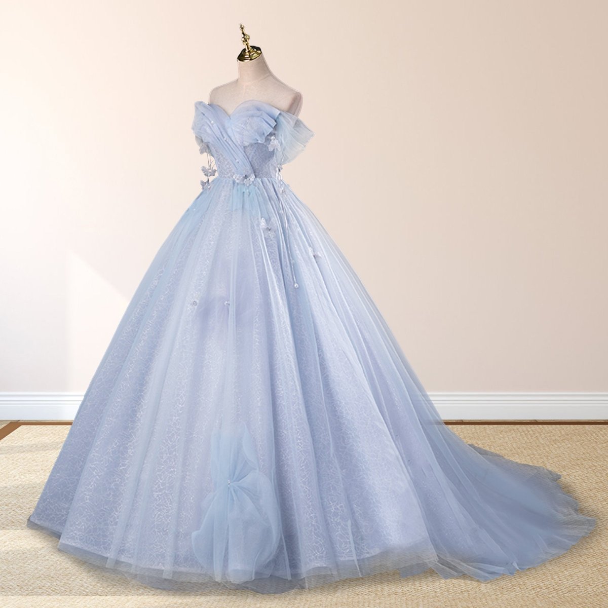 Ball-Gown Tulle Off The Shoulder Pearls Butterflies Quinceanera Dress with Appliqued