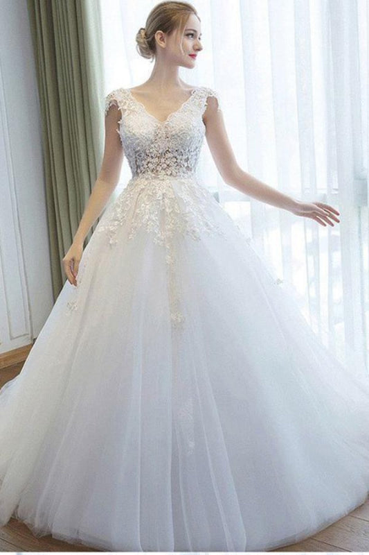 Ball Gown V Neck Tulle Court Train Appliques Lace Backless Wedding Dress