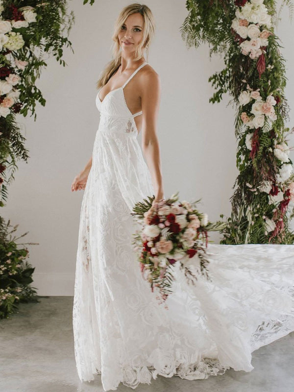 Beach Wedding Dress With Chapel Train White V-Neck Sleeveless Backless Lace Split Long Bridal Gowns