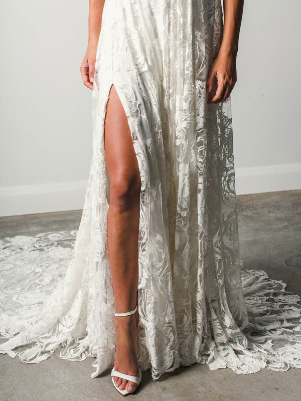 Beach Wedding Dress With Chapel Train White V-Neck Sleeveless Backless Lace Split Long Bridal Gowns