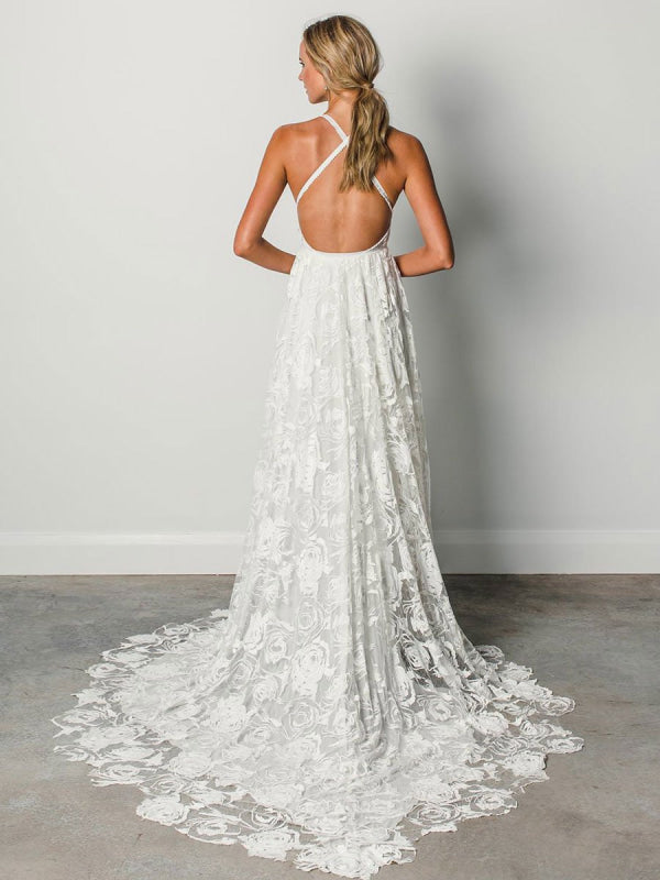 Beach Wedding Dress With Chapel Train White V-Neck Sleeveless Backless Lace Split Long Bridal Gowns