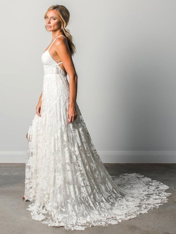 Beach Wedding Dress With Chapel Train White V-Neck Sleeveless Backless Lace Split Long Bridal Gowns