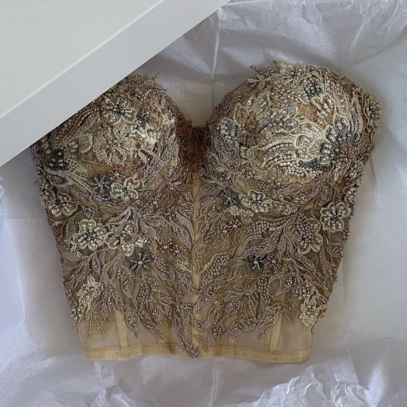 Beaded Corset Blouse for Special Ocasion Boning Bustier Top with Lace Appliques