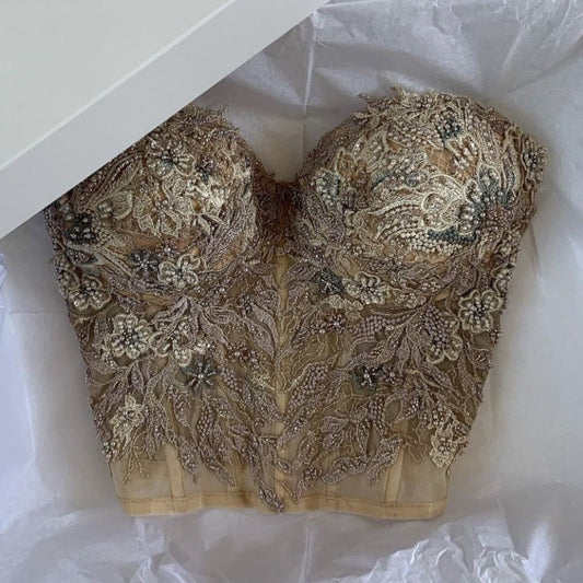 Beaded Corset Blouse for Special Ocasion Boning Bustier Top with Lace Appliques