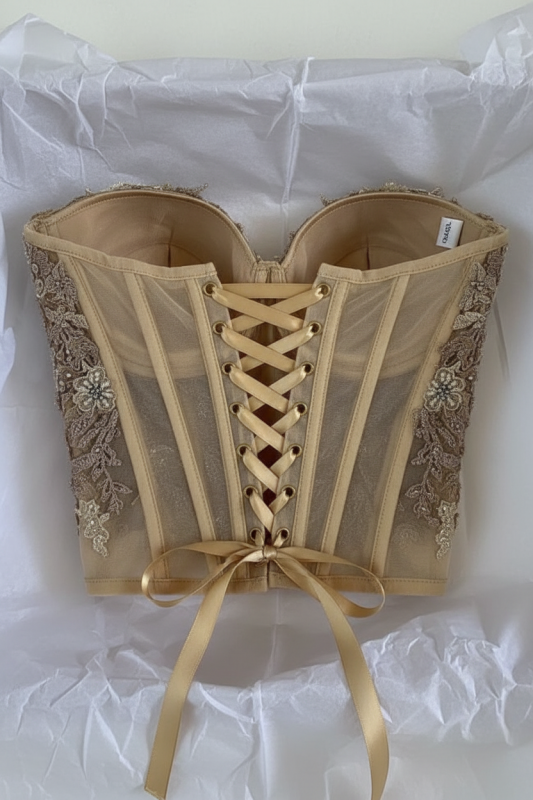 Beaded Corset Blouse for Special Ocasion Boning Bustier Top with Lace Appliques