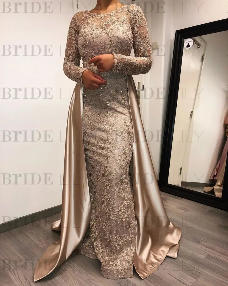 Beadings mermaid Evening Dress Long Sleeves with Satin Detachable Train
