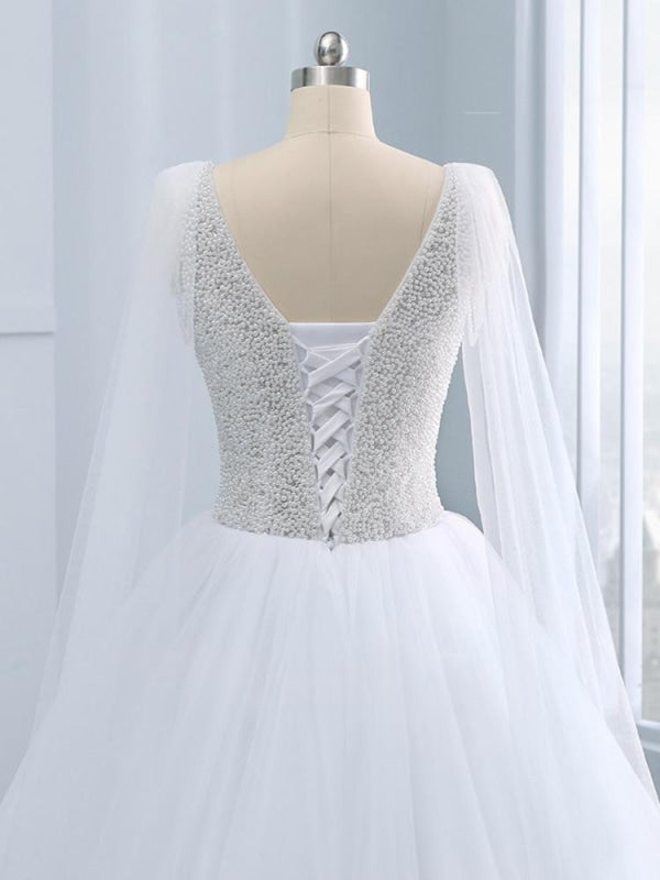 Beautiful V-neck Pearls Princess Wedding Dresses