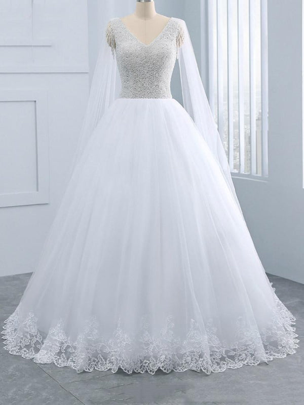 Beautiful V-neck Pearls Princess Wedding Dresses