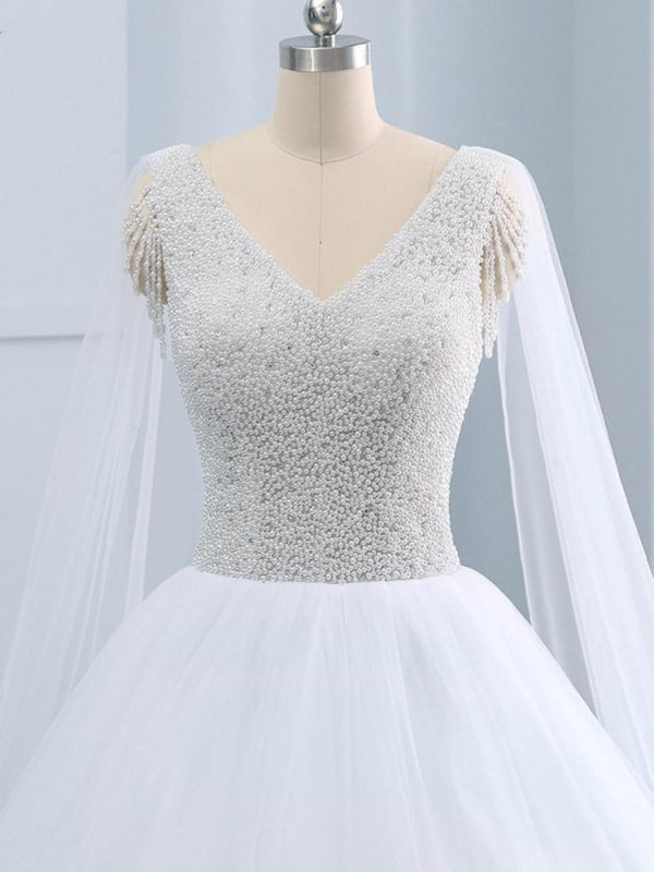 Beautiful V-neck Pearls Princess Wedding Dresses