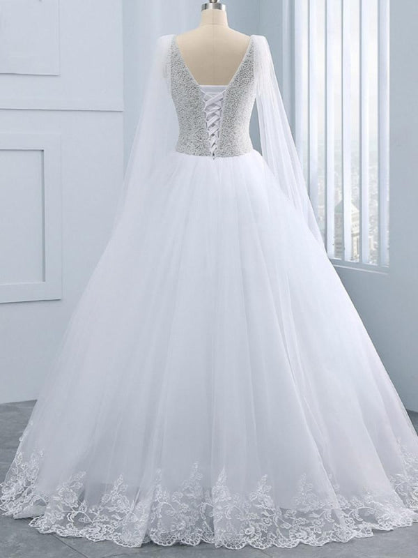 Beautiful V-neck Pearls Princess Wedding Dresses