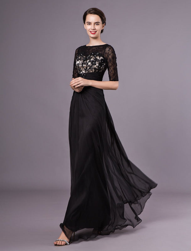 Black Evening Dresses Half Sleeves Lace Beading Chiffon Long Formal Dress