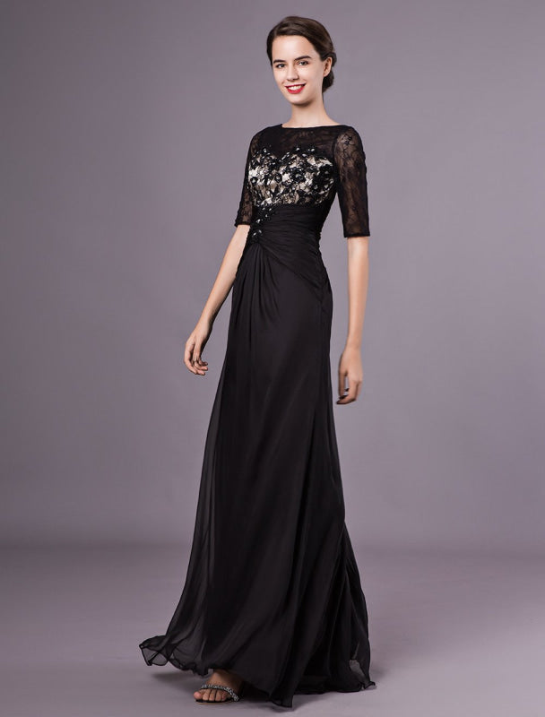 Black Evening Dresses Half Sleeves Lace Beading Chiffon Long Formal Dress