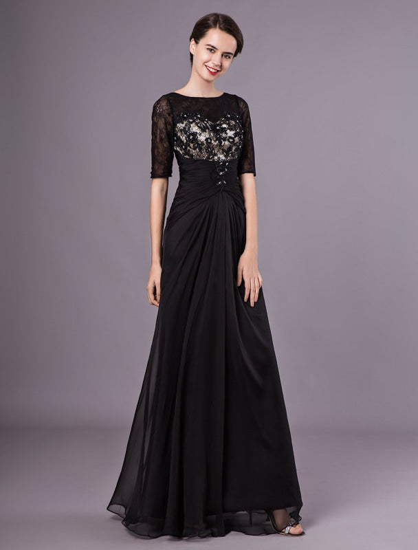 Black Evening Dresses Half Sleeves Lace Beading Chiffon Long Formal Dress