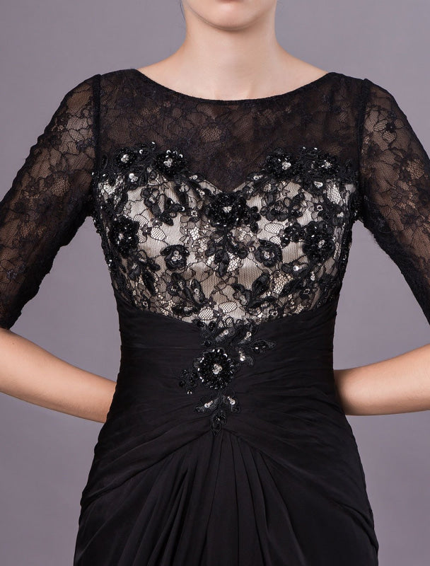 Black Evening Dresses Half Sleeves Lace Beading Chiffon Long Formal Dress