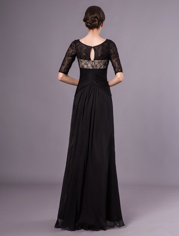 Black Evening Dresses Half Sleeves Lace Beading Chiffon Long Formal Dress