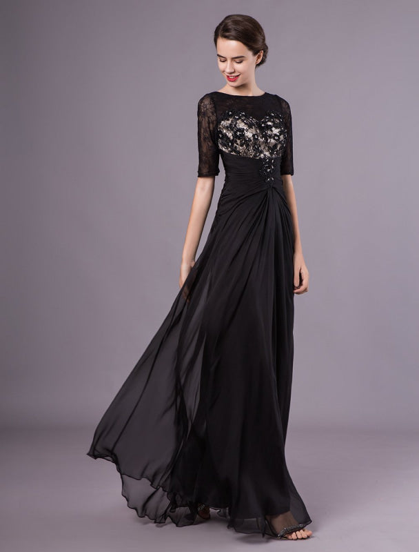 Black Evening Dresses Half Sleeves Lace Beading Chiffon Long Formal Dress
