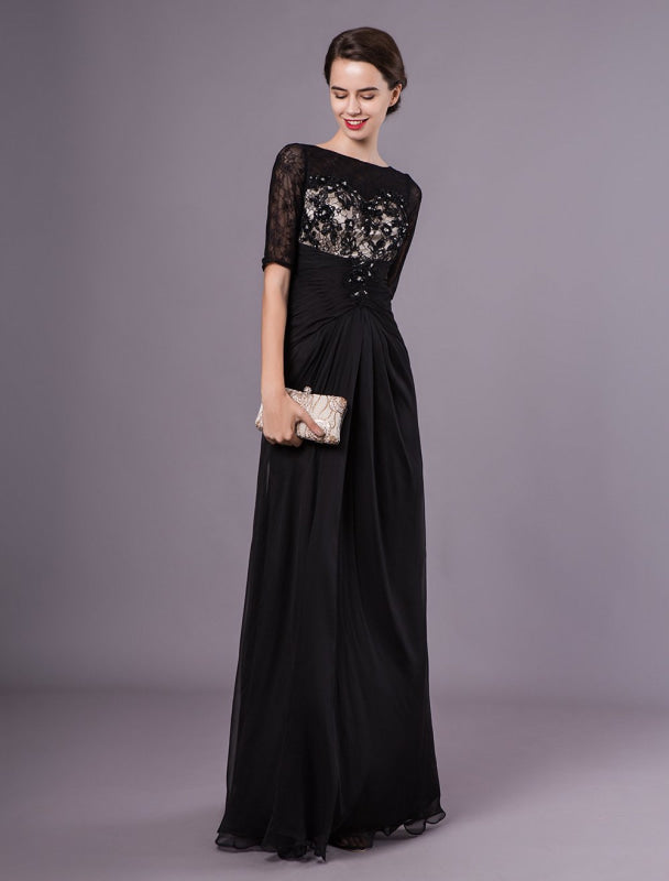 Black Evening Dresses Half Sleeves Lace Beading Chiffon Long Formal Dress