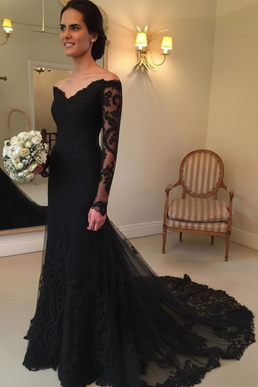 White Long Sleeves Off the Shoulder Mermaid Lace Wedding Dress
