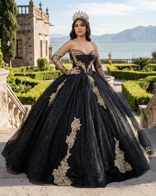 Black Long Sleeves Strapless Quinceanera Dresses with Appliques
