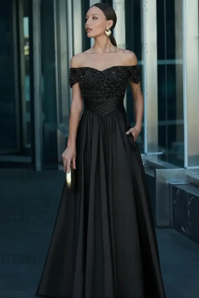 Off-the-Shoulder Dark Green Satin Aline Formal Dress with Beadings
