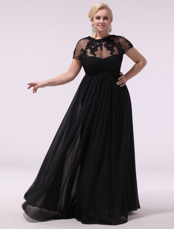 Black Prom Dresses Plus Size Evening Dress Chiffon Lace Applique Illusion Short Sleeves Floor Length Wedding Guest Dress