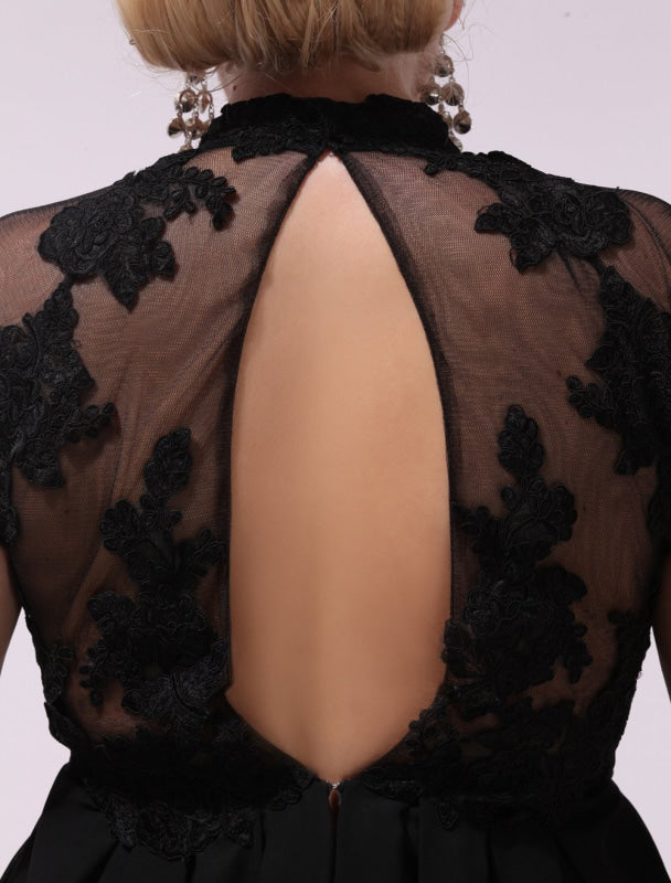 Black Prom Dresses Plus Size Evening Dress Chiffon Lace Applique Illusion Short Sleeves Floor Length Wedding Guest Dress