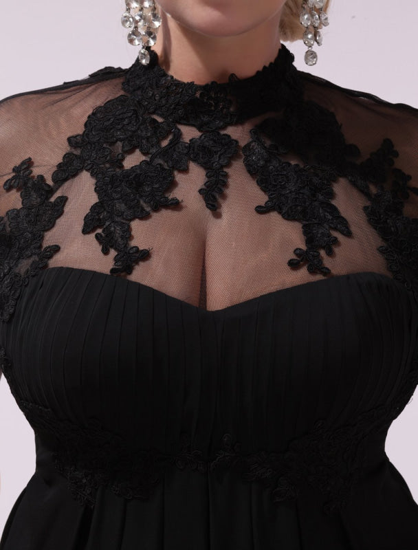Black Prom Dresses Plus Size Evening Dress Chiffon Lace Applique Illusion Short Sleeves Floor Length Wedding Guest Dress